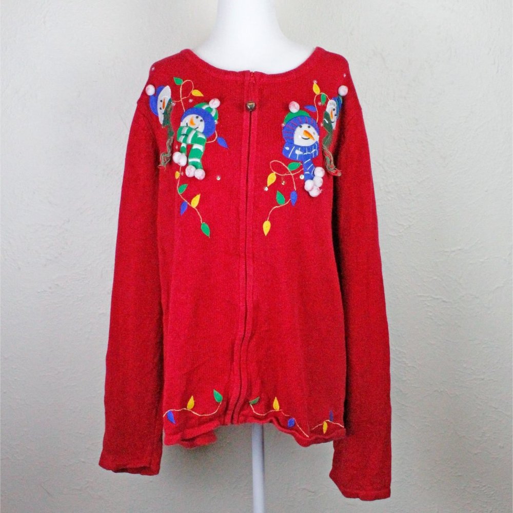 Tiara International vintage 90s red snowman holiday Christmas sweater cardigan